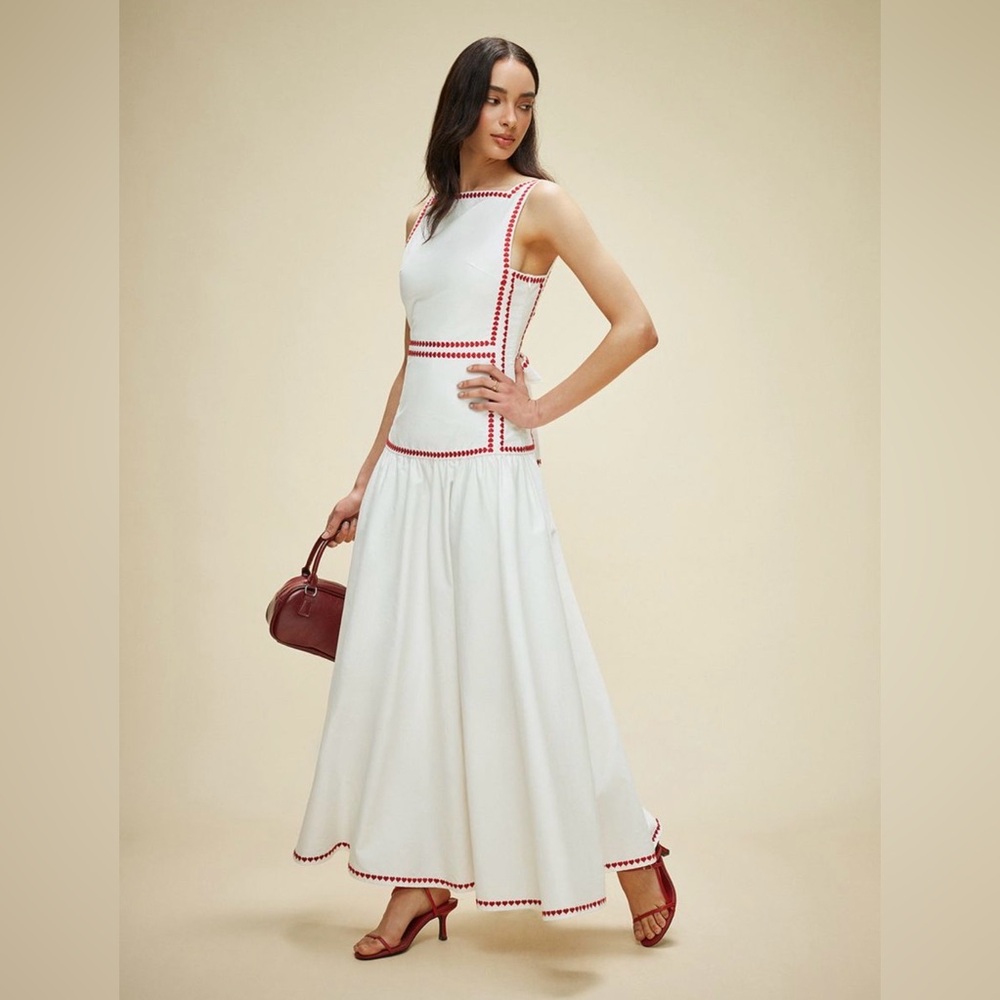 Commense Cotton Contrast Trim Tie Back Maxi Dress with Red Heart Trim - XL